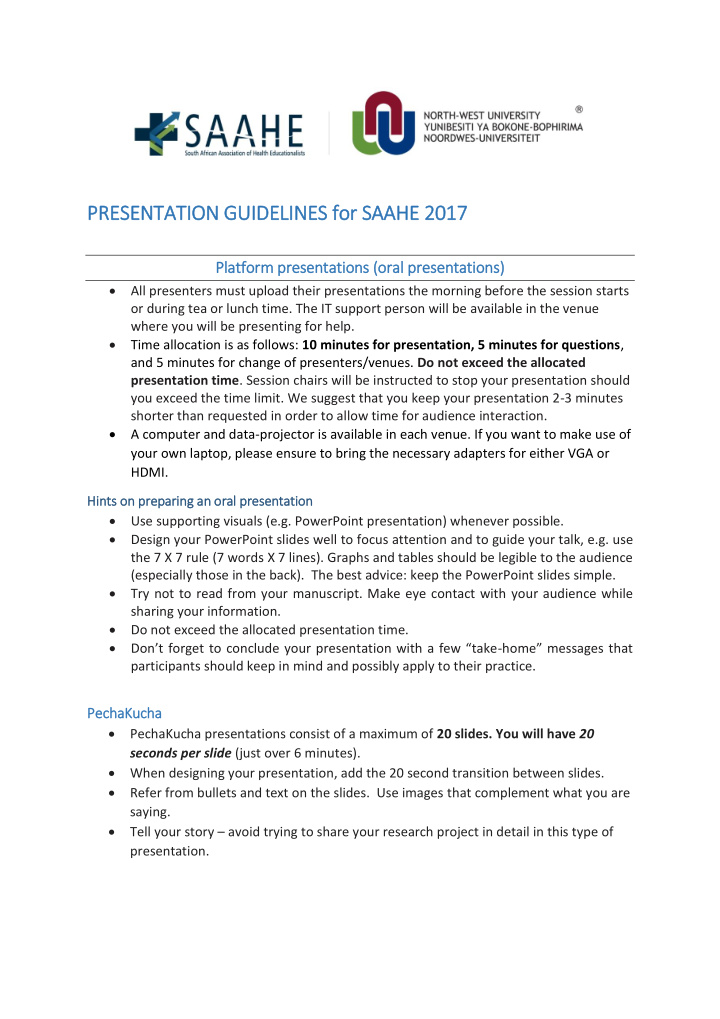 presentation guidelines for saahe 2017