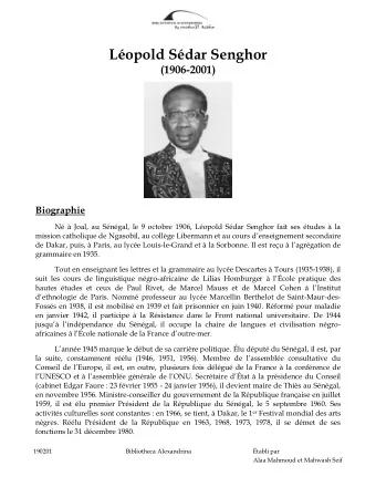 Lopold Sdar Senghor (1906-2001)  Biographie  N  Joal, au Sngal, le 9 octobre 1906,