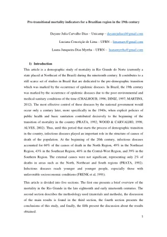 Pre-transitional mortality indicators for a Brazilian region in the 19th century Dayane Julia