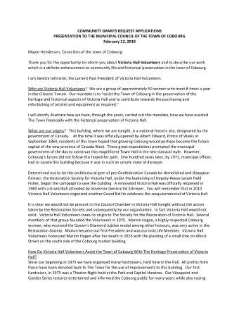 COMMUNITY GRANTS REQUEST APPLICATIONS  PRESENTATION TO THE MUNICIPAL COUNCIL OF THE TOWN OF COBOURG