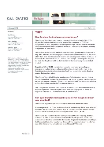 TUPE  Noel Deans  How far does the insolvency exemption go?  noel.deans@klgates.com