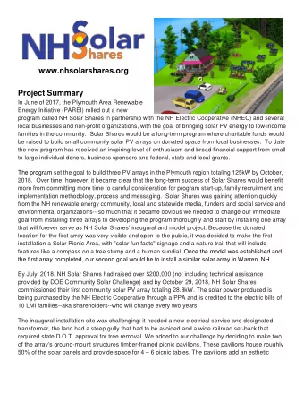 Project Summary  In June of 2017, the Plymouth Area Renewable  Energy Initiative (PAREI) rolled out