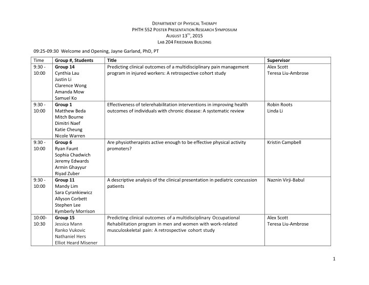 d epartment of p hysical t herapy phth 552 p oster p