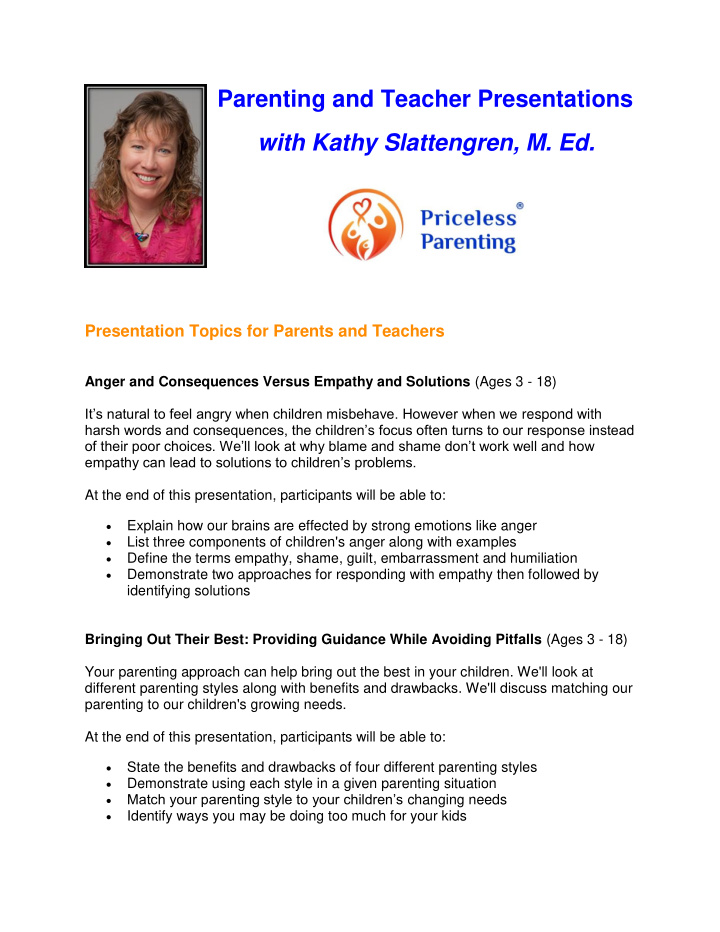 parenting and teacher presentations with kathy