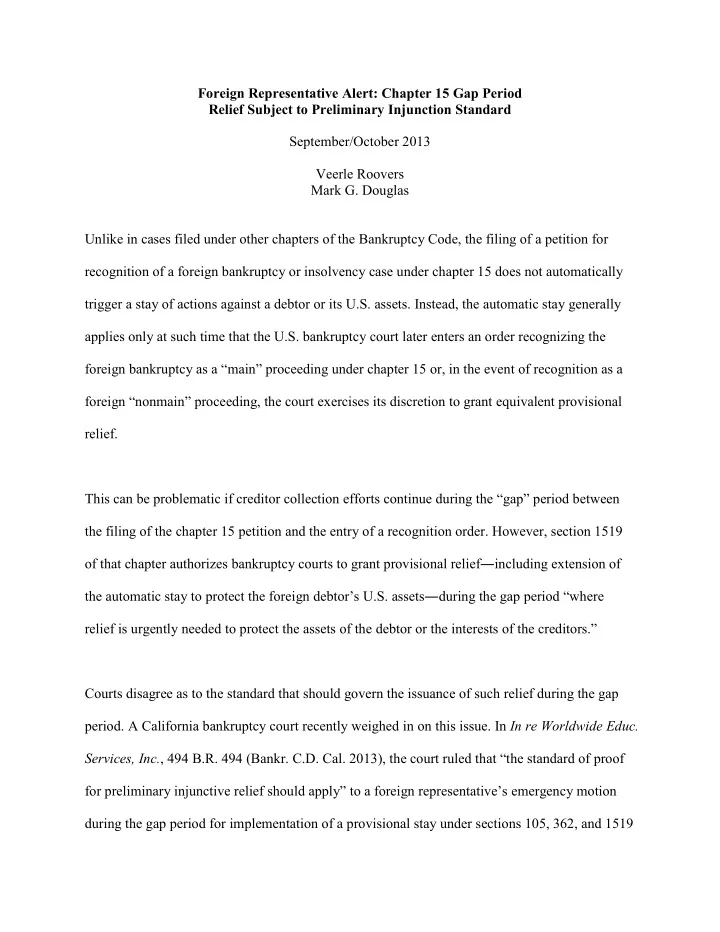 foreign representative alert chapter 15 gap period relief