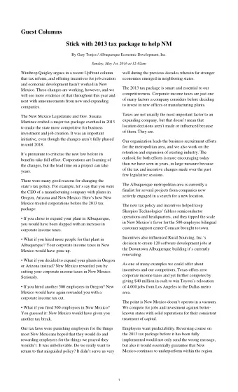 Guest Columns Stick with 2013 tax package to help NM  By Gary Tonjes / Albuquerque Economic