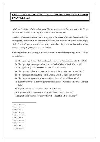 RIGHT TO PRIVACY, ITS DEVELOPMENT SANCTITY AND RELEVANCE WITH  FINANCIAL LAWS  Article 21