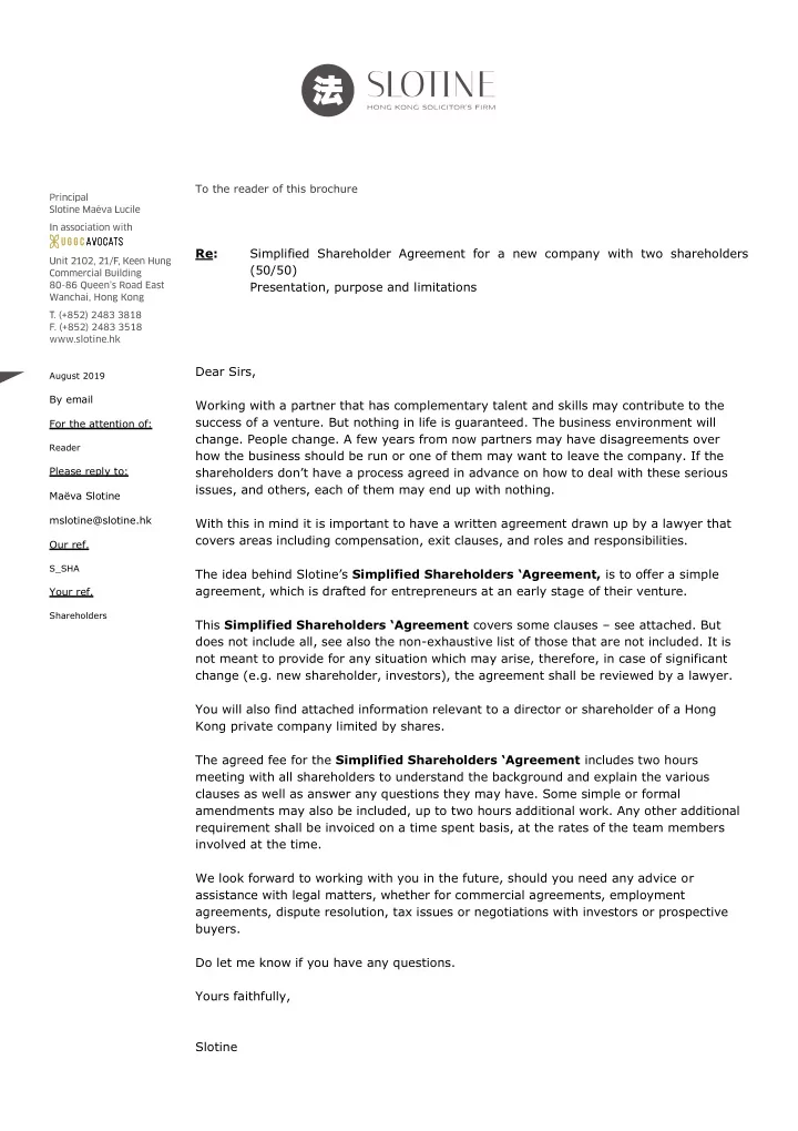 to the reader of this brochure re simplified shareholder