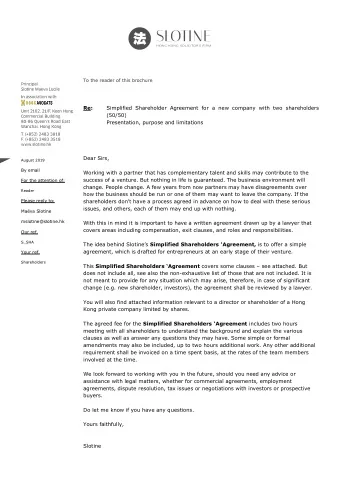 To the reader of this brochure  Re:  Simplified Shareholder Agreement for a new company with two