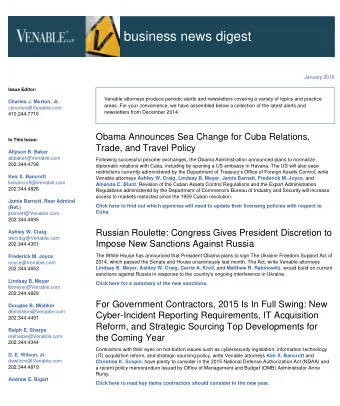 business news digest  January 2015  Issue Editor:  Venable attorneys produce periodic alerts and