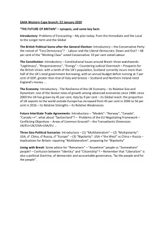 SAIIA Western Cape branch: 22 January 2020 THE FUTURE OF BRITAIN  synopsis, and some key