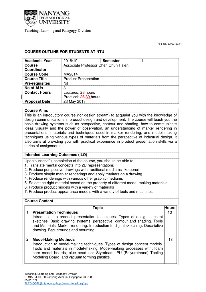 reg no 200604393r course outline for students at ntu