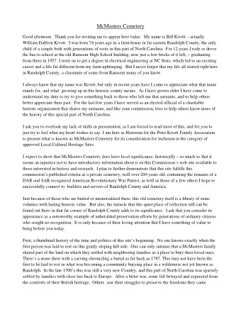 McMasters Cemetery  Good afternoon.  Thank you for inviting me to appear here today.  My name is