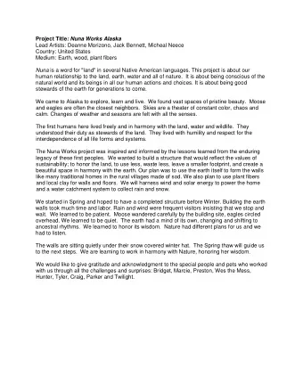 Project Title : Nuna Works Alaska  Lead Artists: Deanne Morizono, Jack Bennett, Micheal Neece