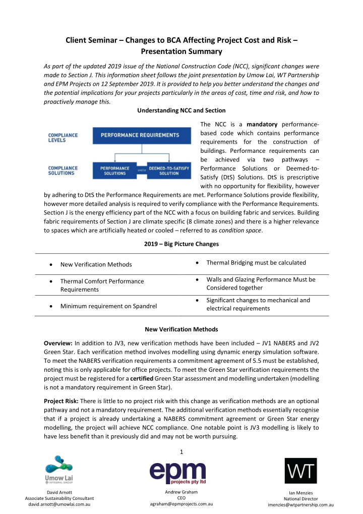 client seminar changes to bca affecting project cost and