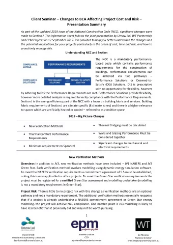 Client Seminar  Changes to BCA Affecting Project Cost and Risk   Presentation Summary  As