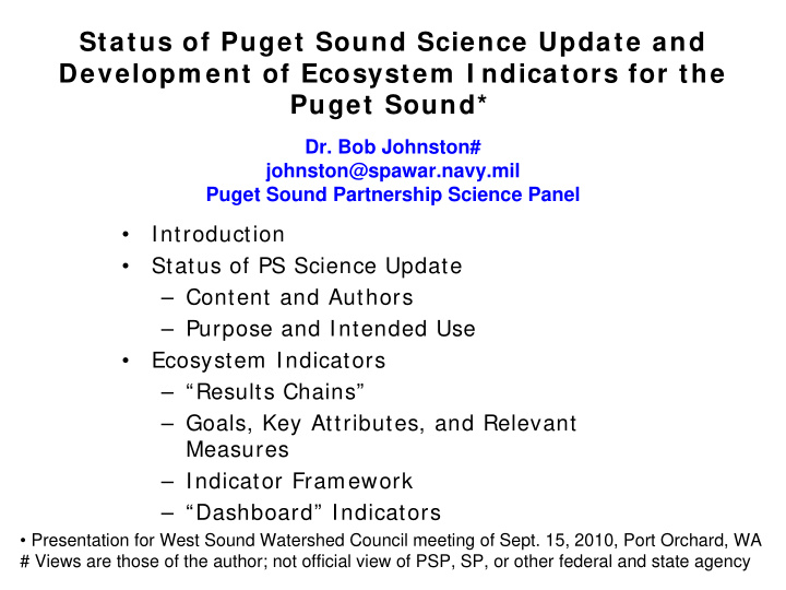 status of puget sound science update and developm ent of