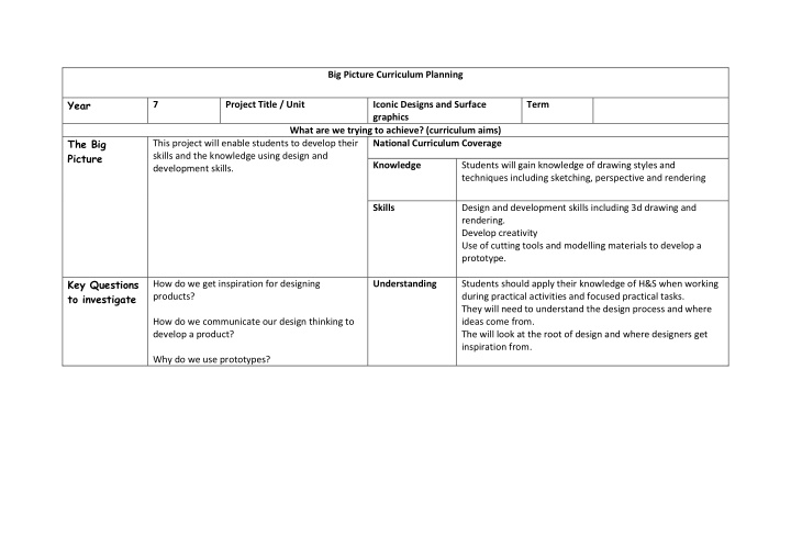 big picture curriculum planning year 7 project title unit