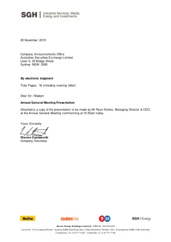 20 November 2019  Company Announcements Office  Australian Securities Exchange Limited  Level 6, 20