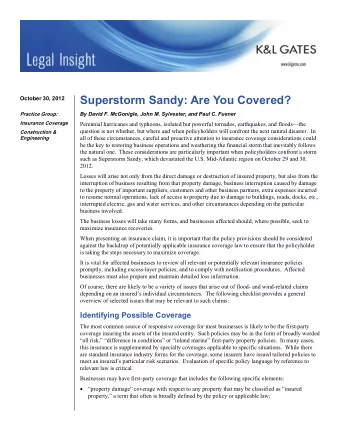 Superstorm Sandy: Are You Covered?  October 30, 2012  By David F. McGonigle, John M. Sylvester, and