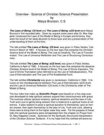 Overview - Science of Christian Science Presentation  by  Marya Brunson, C.S. The Laws of Being: CS