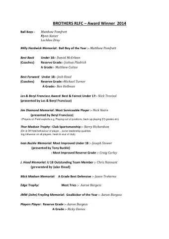BROTHERS RLFC  Award Winner  2014 Matthew Pomfrett  Ball Boys - Fl ynn Kaiser  Lachlan Dray