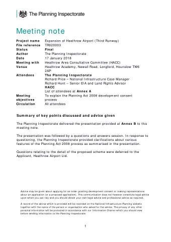 Meeting note  Project nam e  Expansion of Heathrow Airport (Third Runway)  File reference  TR020003