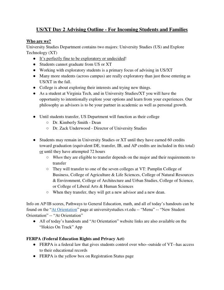 us xt day 2 advising outline for incoming students and