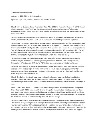 Junior Guidance Presentation  October 24 &amp; 28, 2019 in US History classes  Speakers- Kaye