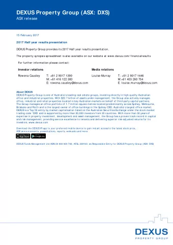 DEXUS Property Group (ASX: DXS)  ASX release 15 February 2017  2017 Half year results presentation