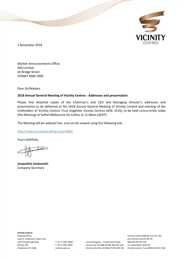 1 november 2018 market announcements office asx limited