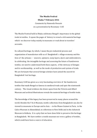 The Muslin Festival  Dhaka 7 February 2016  Comments by Hameeda Hossain  on a presentation by