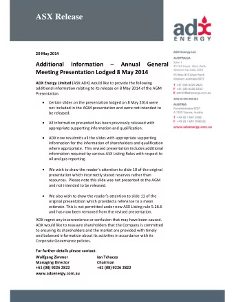 ASX Release 20 May 2014 Additional Information  Annual General Meeting Presentation Lodged 8 May