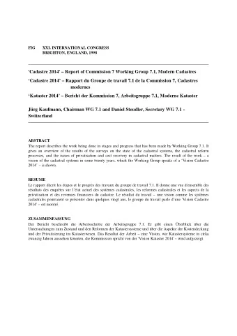 FIG  XXI. INTERNATIONAL CONGRESS  BRIGHTON, ENGLAND, 1998  'Cadastre 2014'  Report of Commission