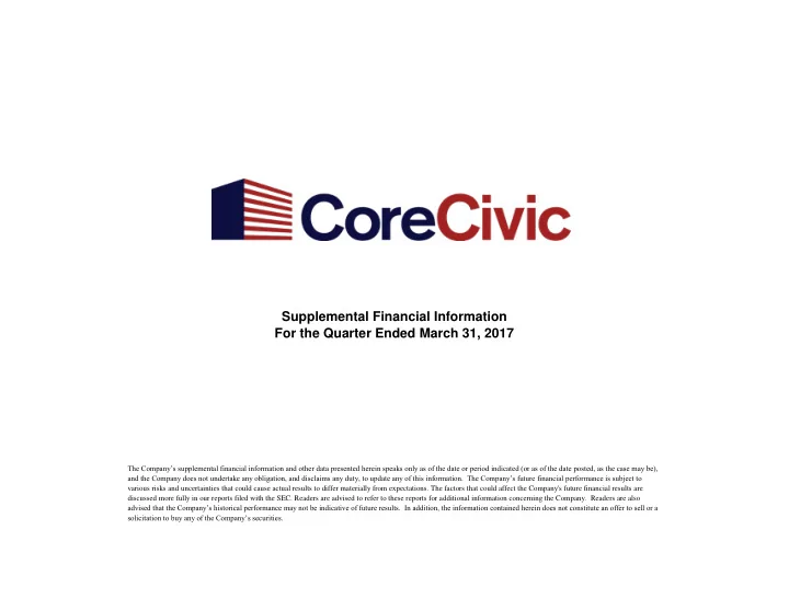 supplemental financial information for the quarter ended
