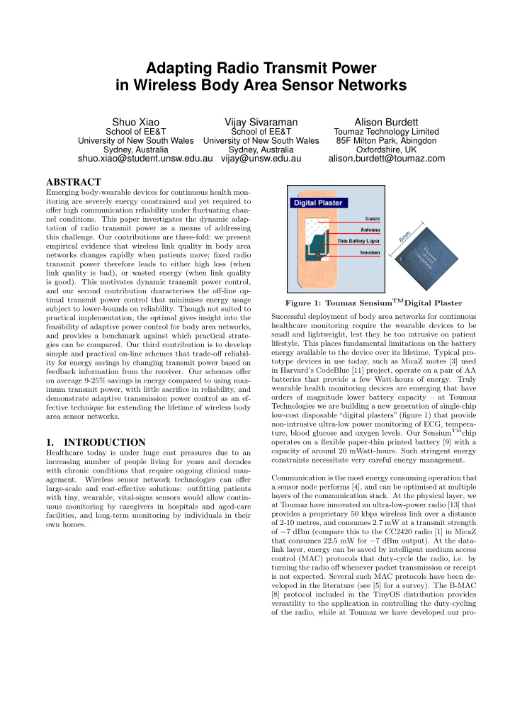 adapting radio transmit power in wireless body area