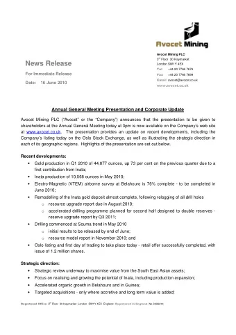 News Release  London SW1Y 4EX  +44 20 7766 7676  For Immediate Release  +44 20