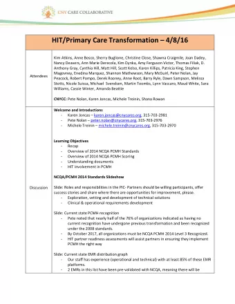 HIT/Primary Care Transformation  4/8/16  Kim Atkins, Anne Bosco, Sherry Buglione, Christine
