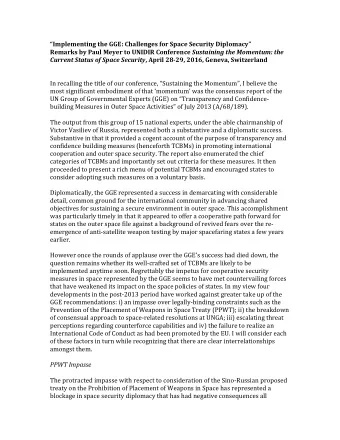 Implementing the GGE: Challenges for Space Security Diplomacy Remarks by Paul Meyer to UNIDIR