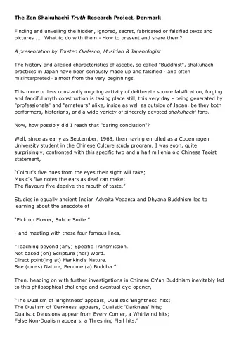 The Zen Shakuhachi Truth Research Project, Denmark  Finding and unveiling the hidden, ignored,