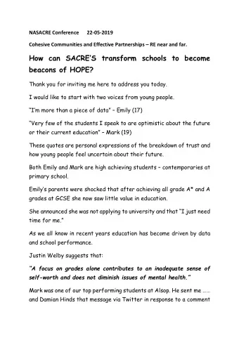 How can SACRES transform schools to become  beacons of HOPE?  Thank you for inviting me here to