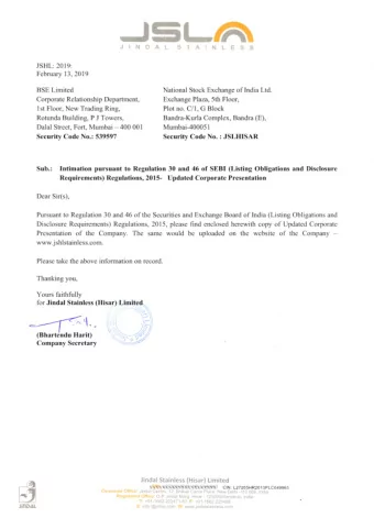 -ISLA  JSH L: 2019:  February  13,2019  B SE Lim ited  N ational  Stock Exchange  of India Ltd.  C