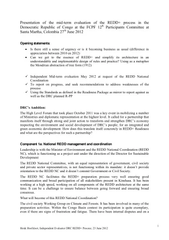 Presentation of the mid-term evaluation of the REDD+ process in the Democratic Republic of Congo at