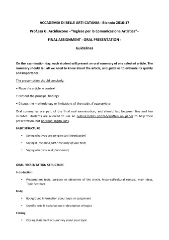 ACCADEMIA DI BELLE ARTI CATANIA - Biennio 2016-17 Prof.ssa G. Arcidiacono  Inglese per la