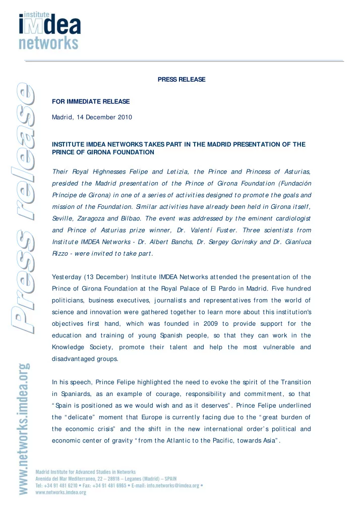 press release for immediate release madrid 14 december