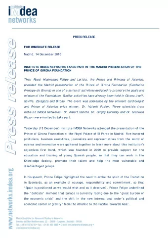 PRESS RELEASE  FOR IMMEDIATE RELEASE  Madrid, 14 December 2010  INSTITUTE IMDEA NETWORKS TAKES PART