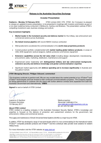 Release to the Australian Securities Exchange  Investor Presentation Canberra  Monday 19