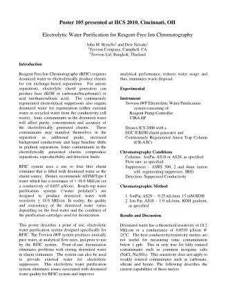 Poster 105 presented at IICS 2010, Cincinnati, OH  Electrolytic Water Purification for Reagent-Free