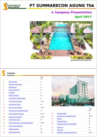 PT SUMMARECON AGUNG Tbk  A Com pany Presentation  April 2 0 1 7  Mvenpick Resort &amp; Spa