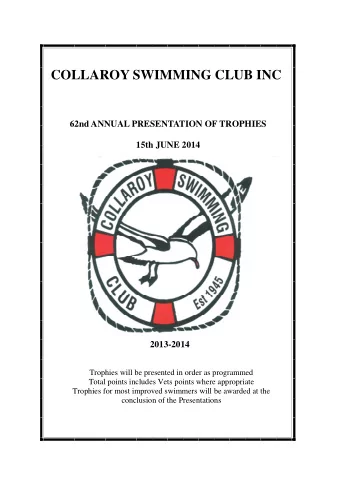 COLLAROY SWIMMING CLUB INC  62nd ANNUAL PRESENTATION OF TROPHIES  15th JUNE 2014  2013-2014